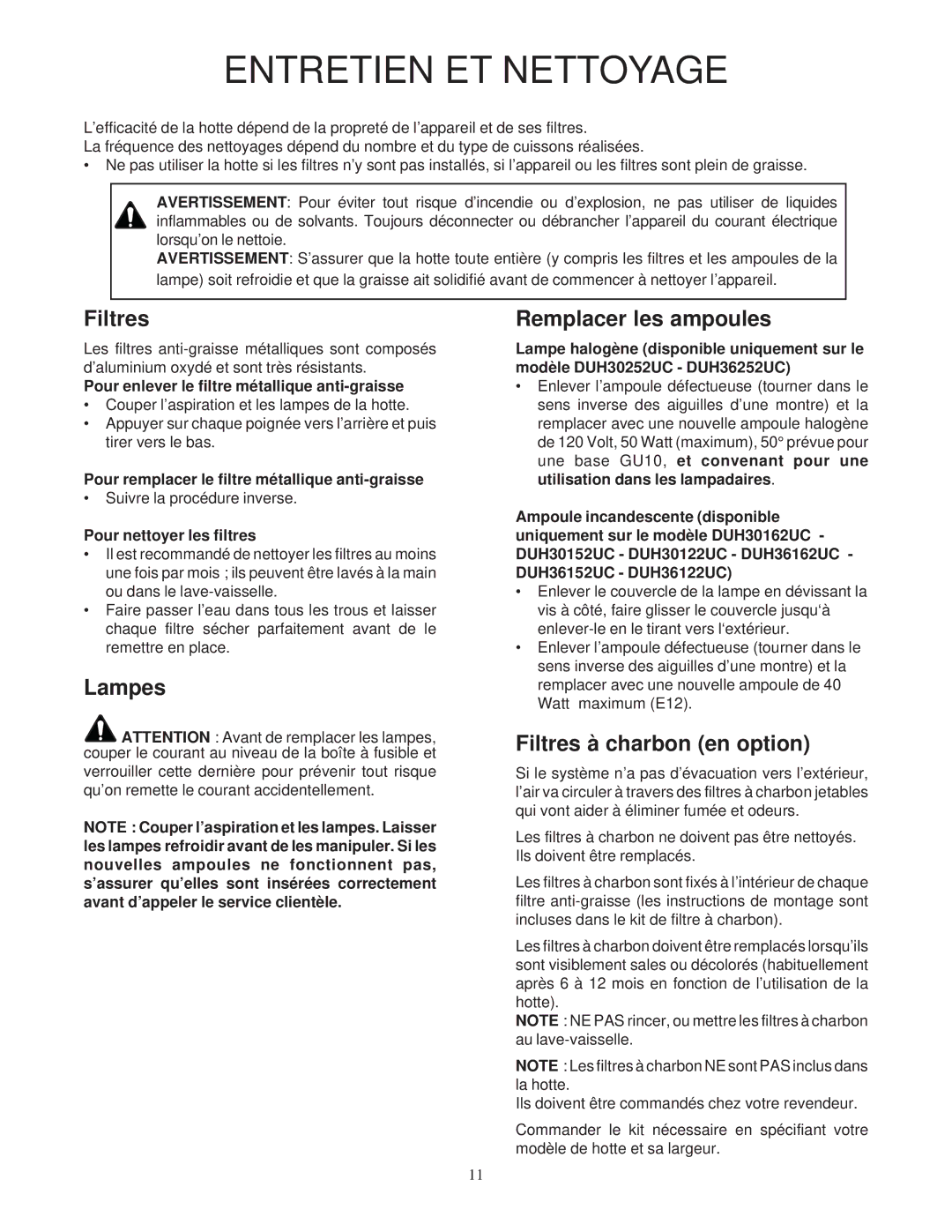 Bosch Appliances DUH30252UC manual Entretien ET Nettoyage, Lampes Remplacer les ampoules, Filtres à charbon en option 