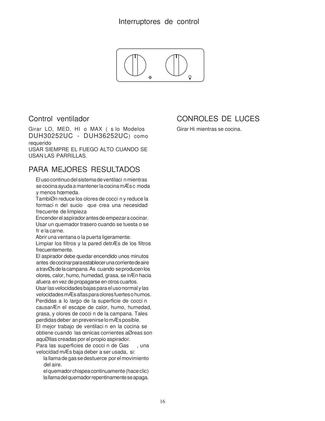 Bosch Appliances DUH30252UC manual Interruptores de control, Control ventilador, Conroles DE Luces, Para Mejores Resultados 