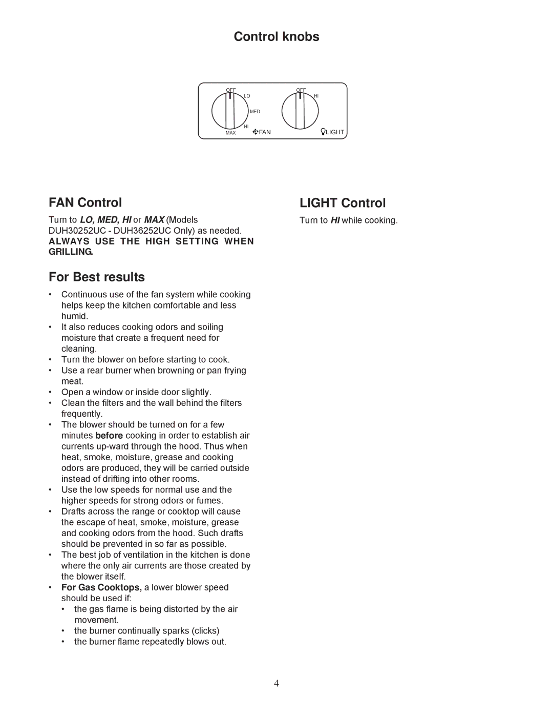 Bosch Appliances DUH30252UC manual Control knobs, FAN Control Light Control, For Best results 