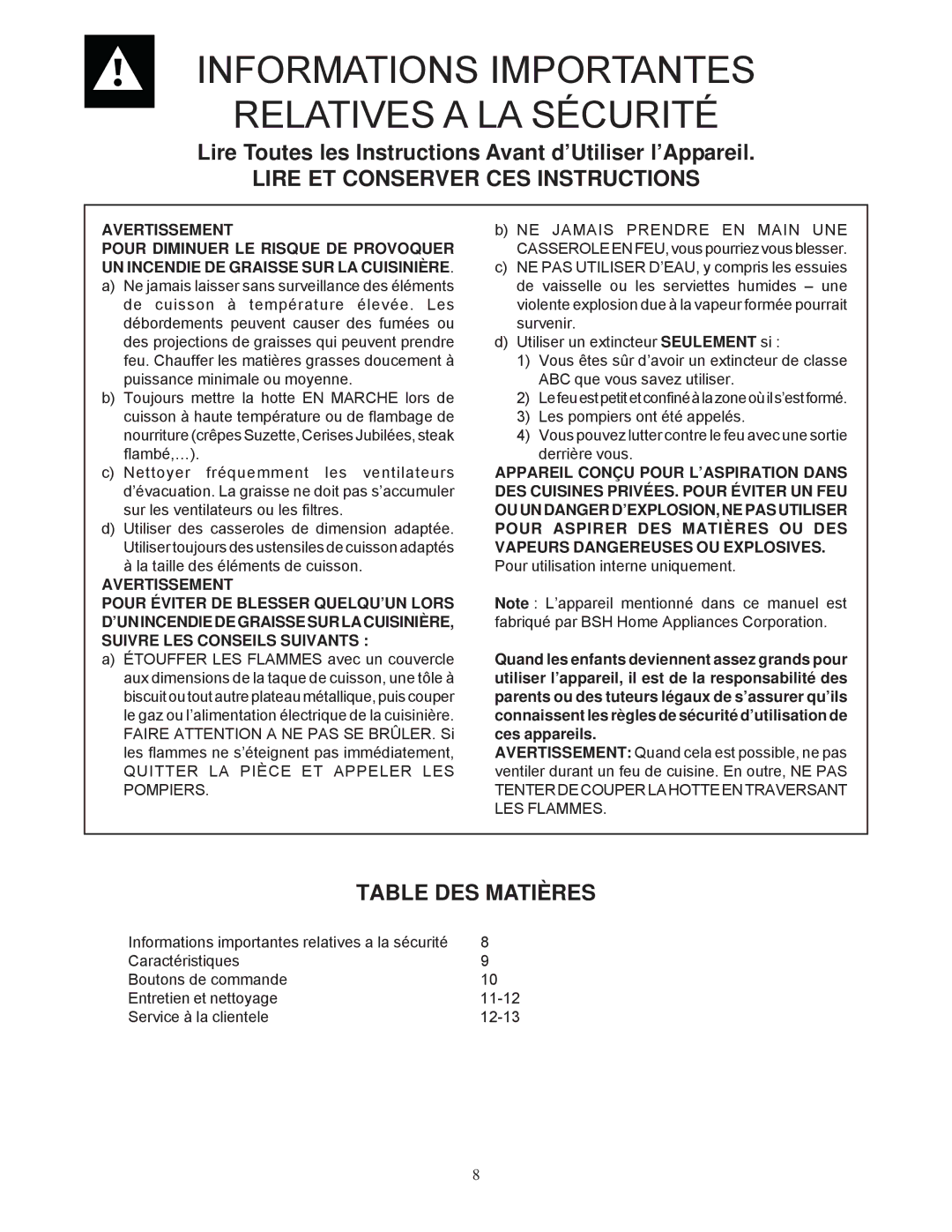 Bosch Appliances DUH30252UC manual Informations Importantes Relatives a LA Sécurité, Lire ET Conserver CES Instructions 