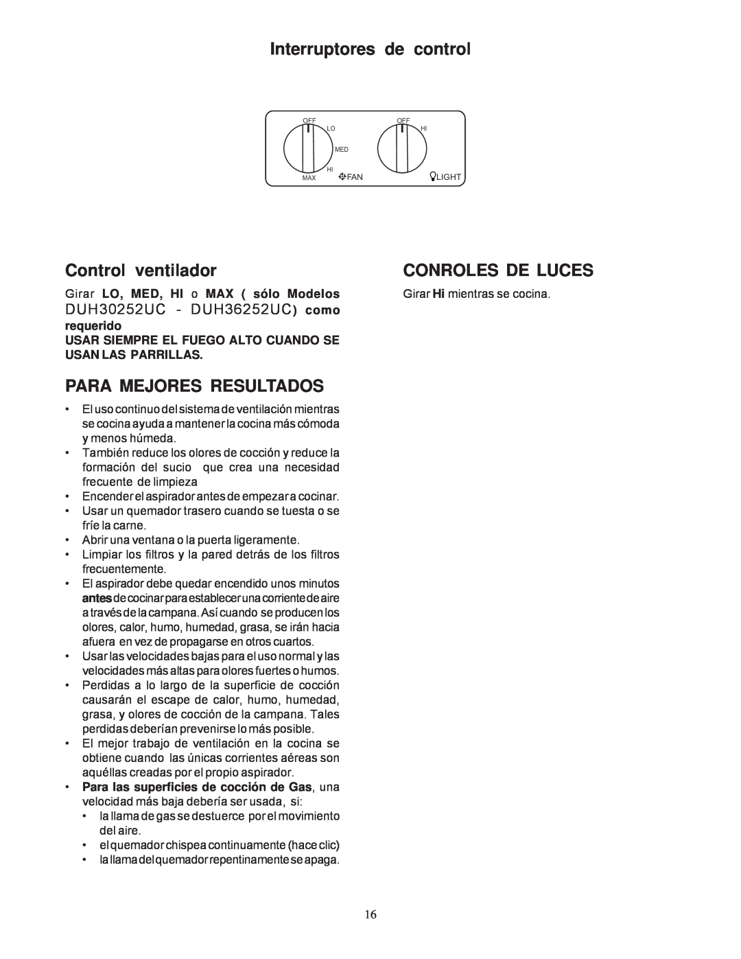 Bosch Appliances DUH30252UC manual Interruptores de control, Control ventilador, Conroles De Luces, Para Mejores Resultados 