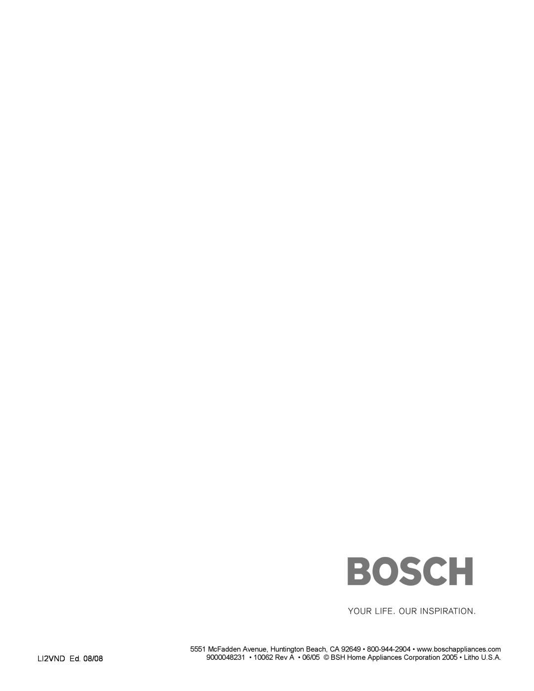 Bosch Appliances DUH30252UC manual LI2VND Ed. 08/08 