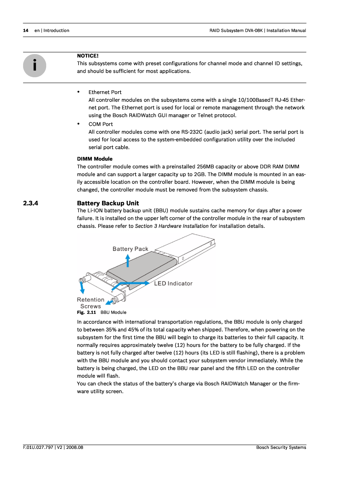 Bosch Appliances DVA-08K manual 2.3.4Battery Backup Unit, DIMM Module 
