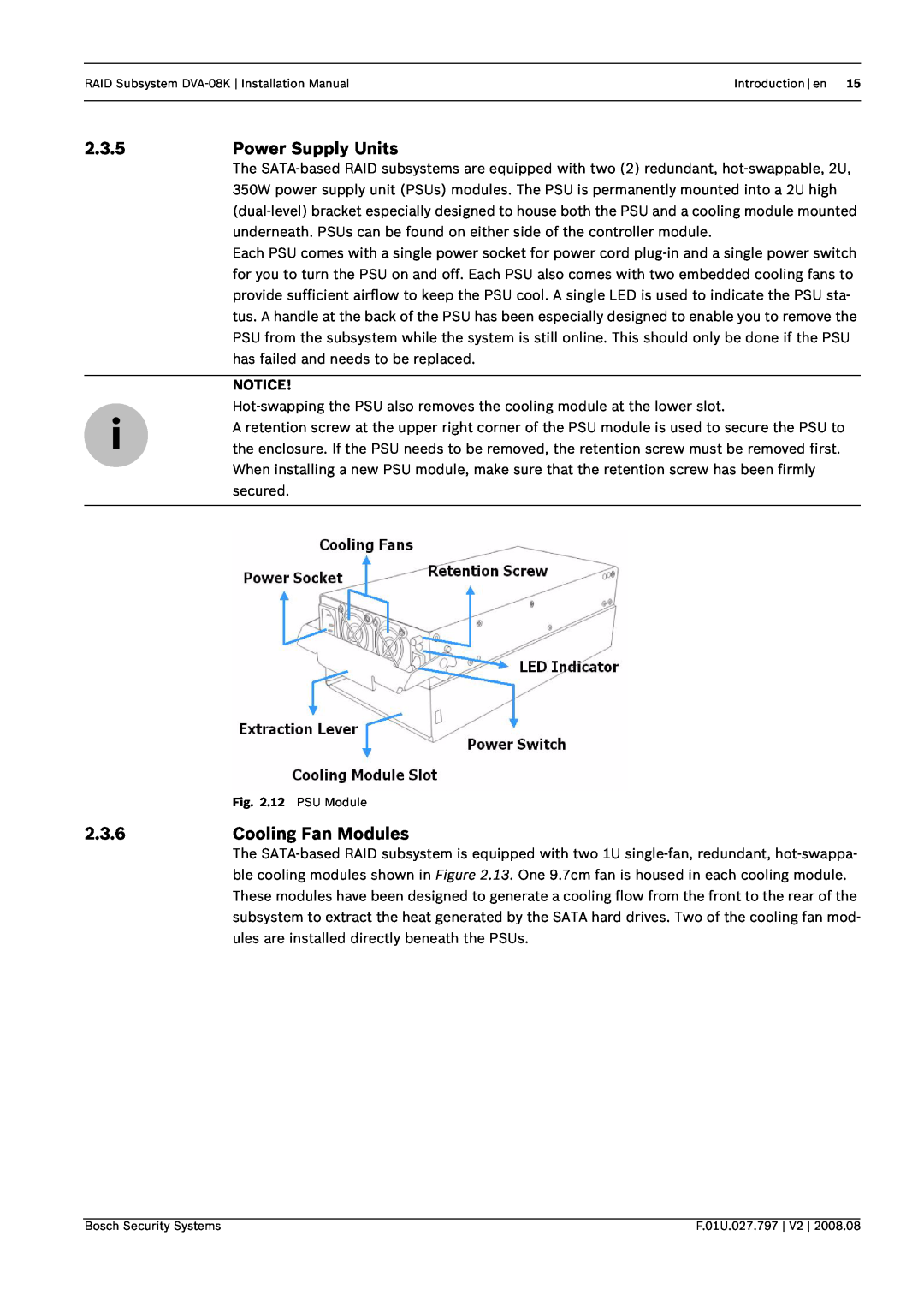 Bosch Appliances DVA-08K manual 2.3.5, Power Supply Units, 2.3.6, Cooling Fan Modules, 12 PSU Module 