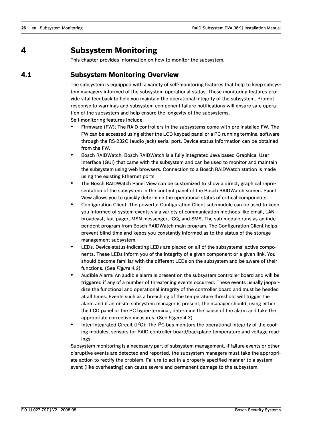 Bosch Appliances DVA-08K manual Subsystem Monitoring Overview 