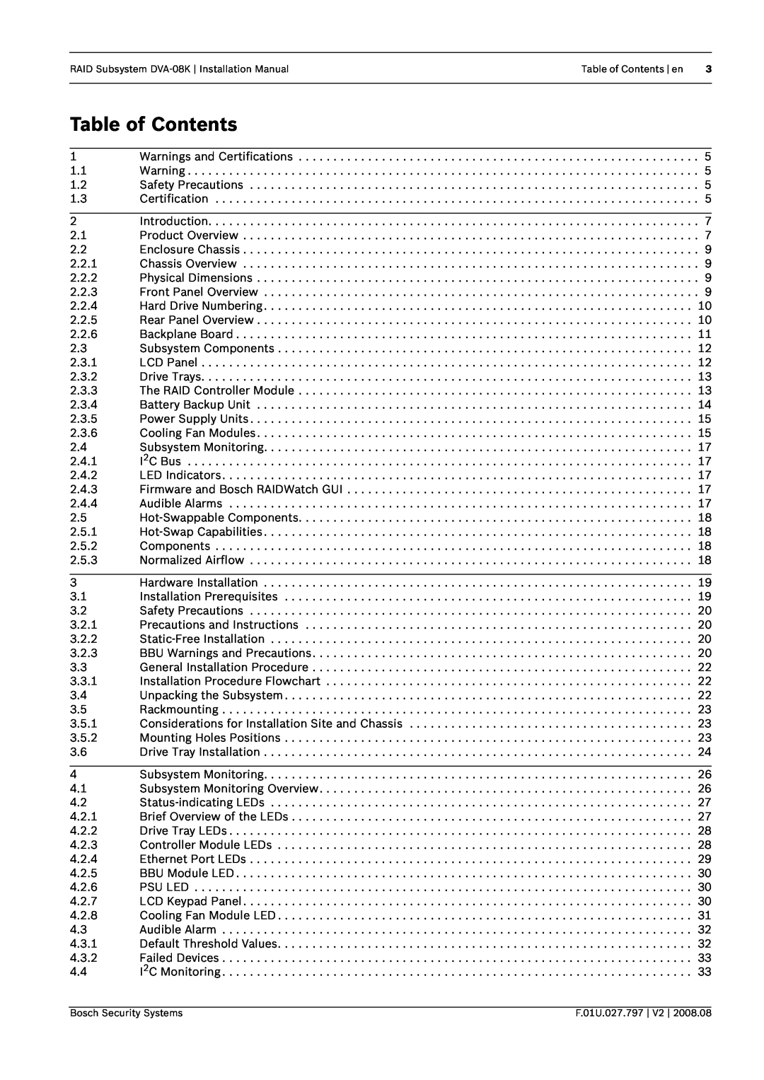 Bosch Appliances manual RAID Subsystem DVA-08K Installation Manual, Table of Contents en, Bosch Security Systems 