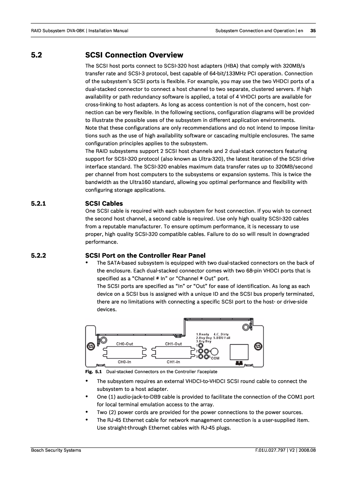 Bosch Appliances DVA-08K manual SCSI Connection Overview, 5.2.1, SCSI Cables, 5.2.2, SCSI Port on the Controller Rear Panel 