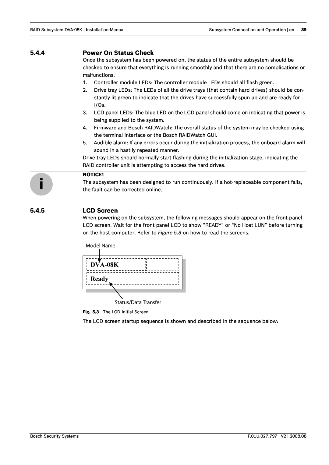 Bosch Appliances DVA-08K manual 5.4.4, Power On Status Check, 5.4.5LCD Screen 