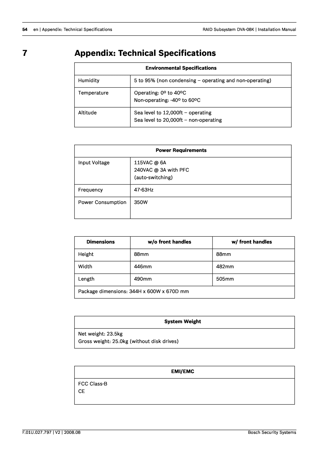 Bosch Appliances DVA-08K Appendix Technical Specifications, Environmental Specifications, Power Requirements, Dimensions 