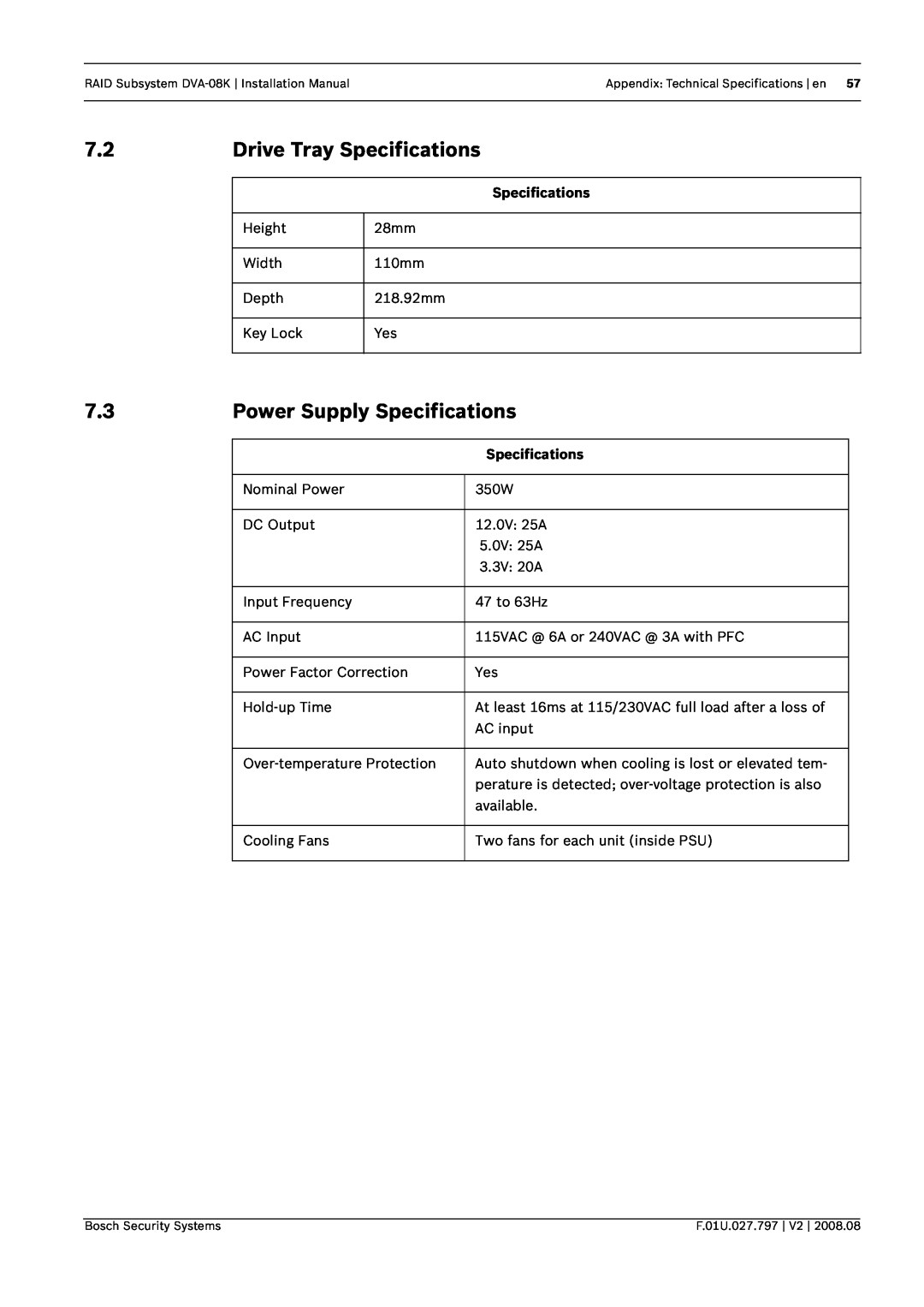 Bosch Appliances DVA-08K manual Drive Tray Specifications, Power Supply Specifications 
