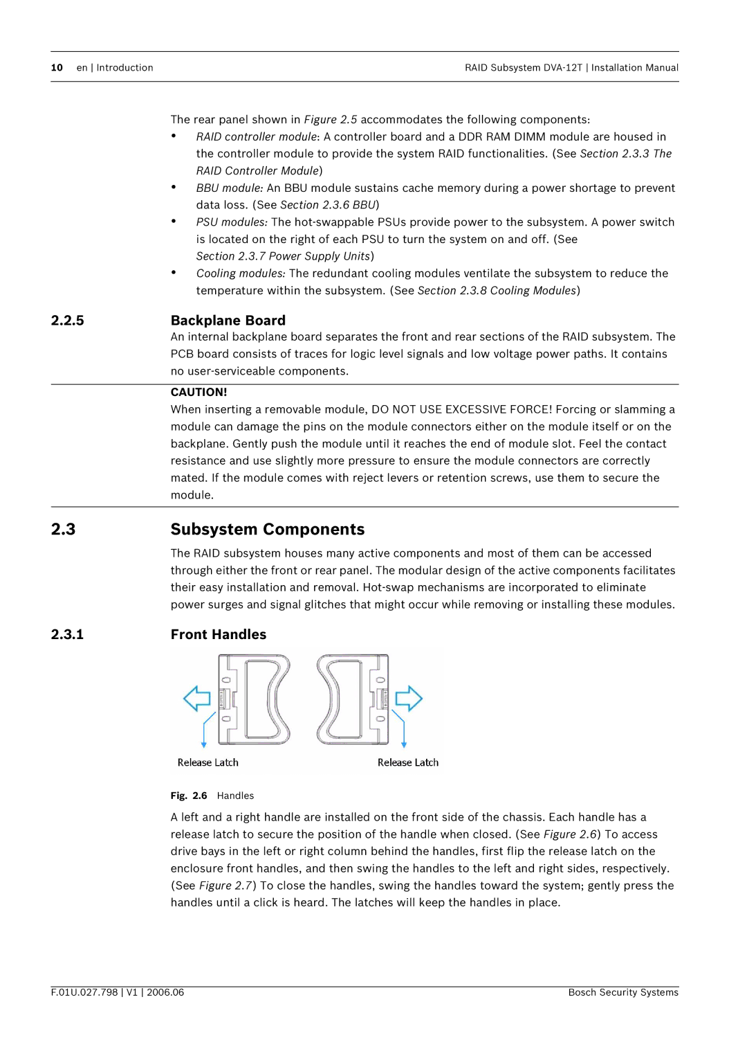 Bosch Appliances DVA-12T installation manual Subsystem Components, Backplane Board, Front Handles 