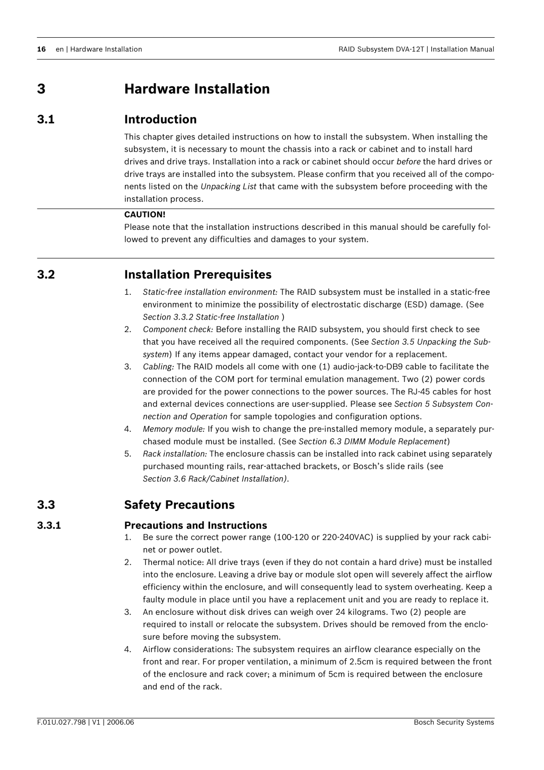 Bosch Appliances DVA-12T Hardware Installation, Introduction, Installation Prerequisites, Precautions and Instructions 