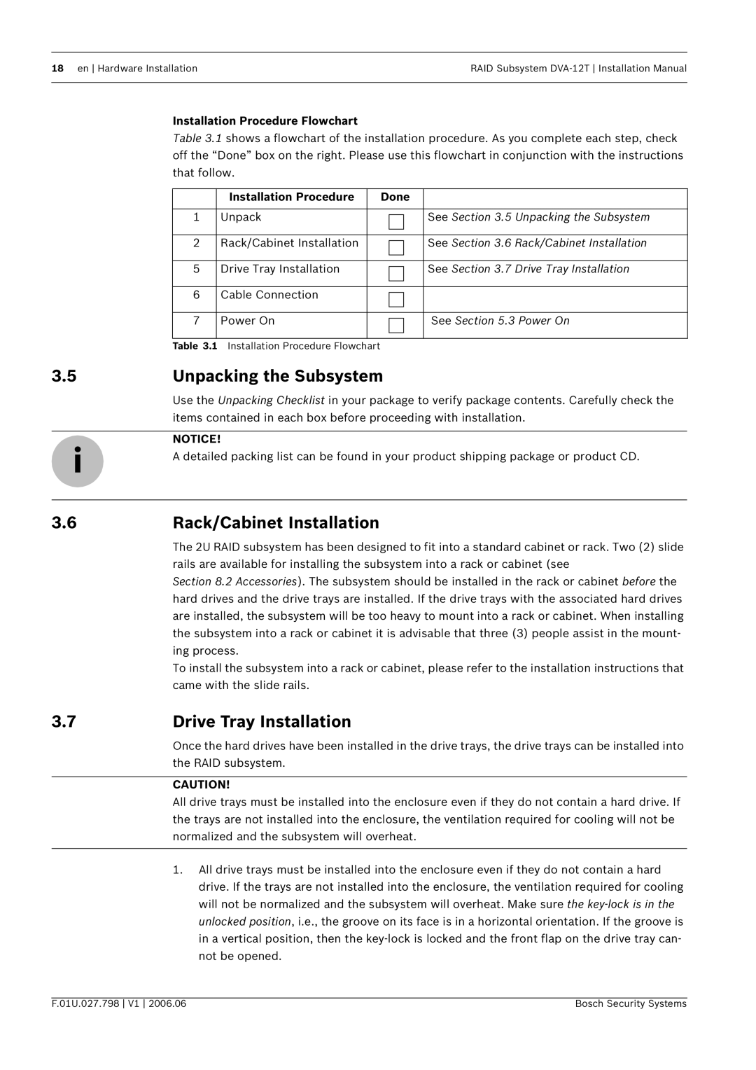 Bosch Appliances DVA-12T installation manual Unpacking the Subsystem, Rack/Cabinet Installation, 7Drive Tray Installation 