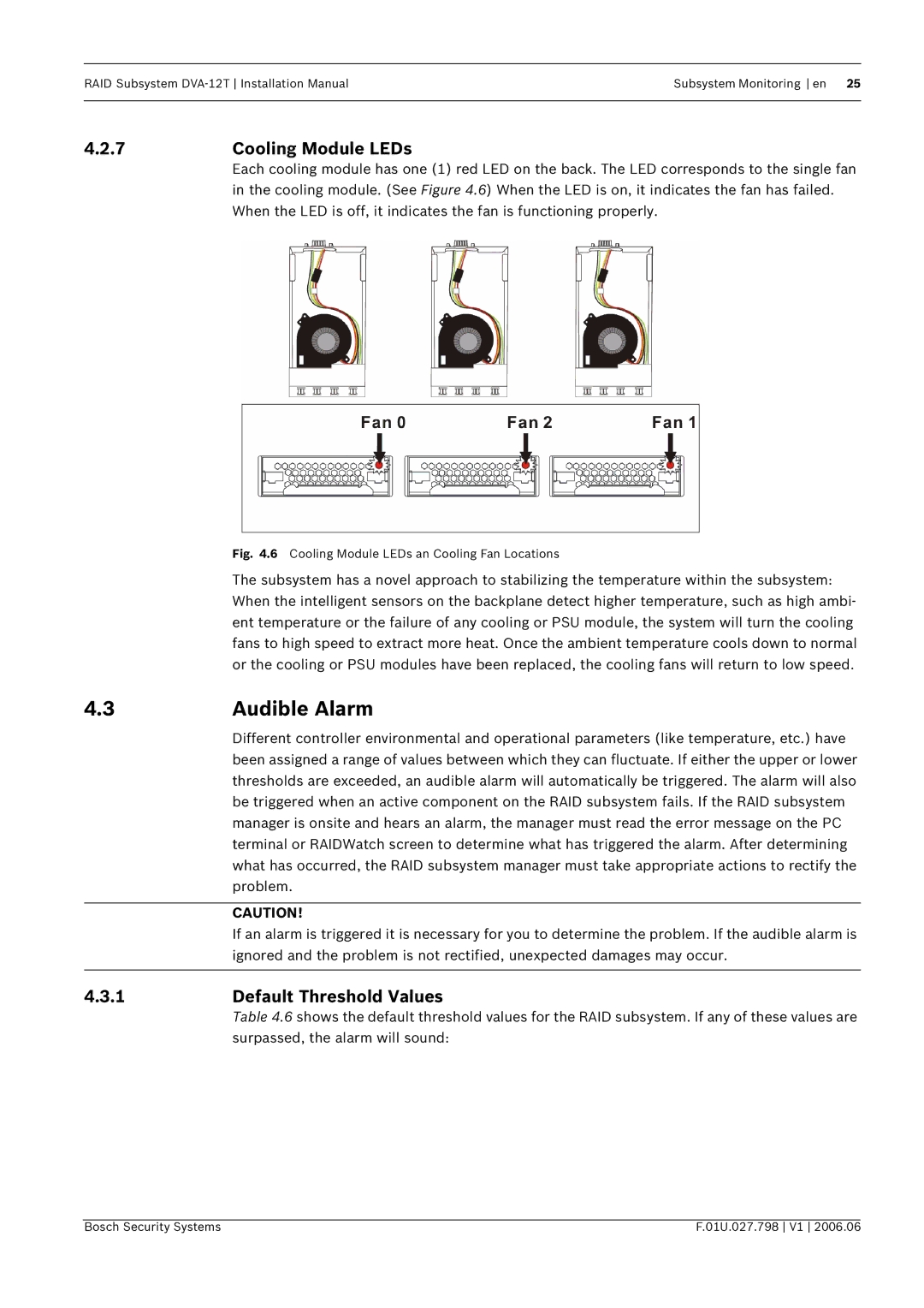 Bosch Appliances DVA-12T installation manual Audible Alarm, 7Cooling Module LEDs, Default Threshold Values 