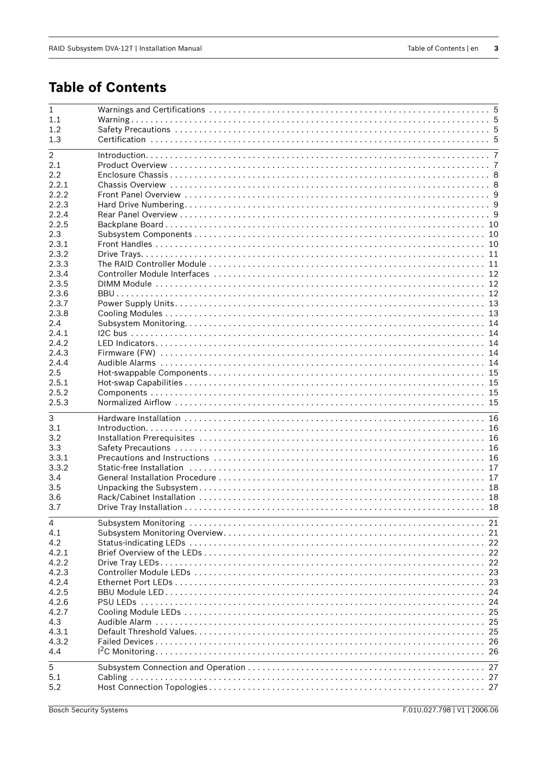 Bosch Appliances DVA-12T installation manual Table of Contents 