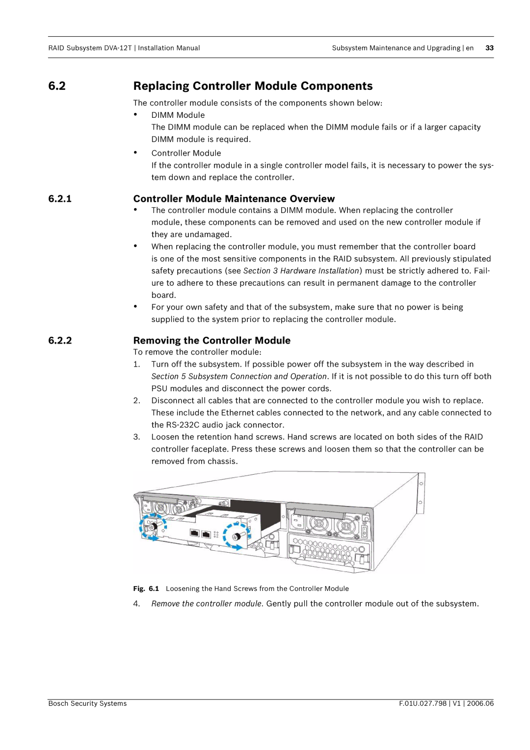 Bosch Appliances DVA-12T installation manual Replacing Controller Module Components, Controller Module Maintenance Overview 