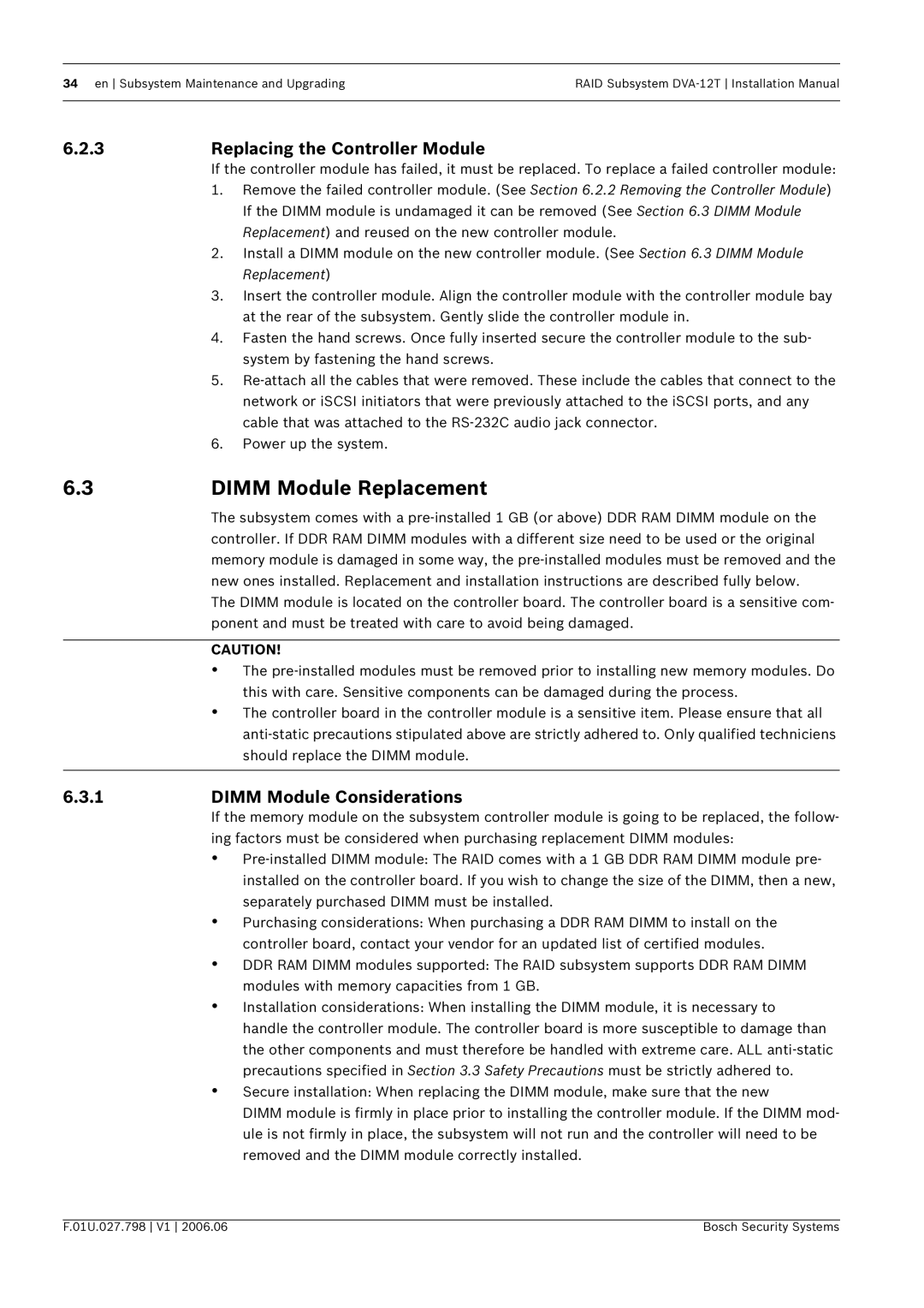 Bosch Appliances DVA-12T 3DIMM Module Replacement, Replacing the Controller Module, 1DIMM Module Considerations 