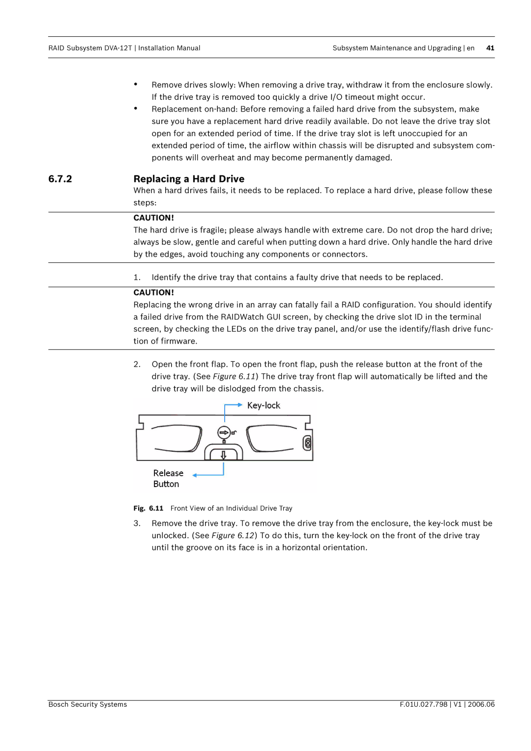 Bosch Appliances DVA-12T installation manual Replacing a Hard Drive, Front View of an Individual Drive Tray 