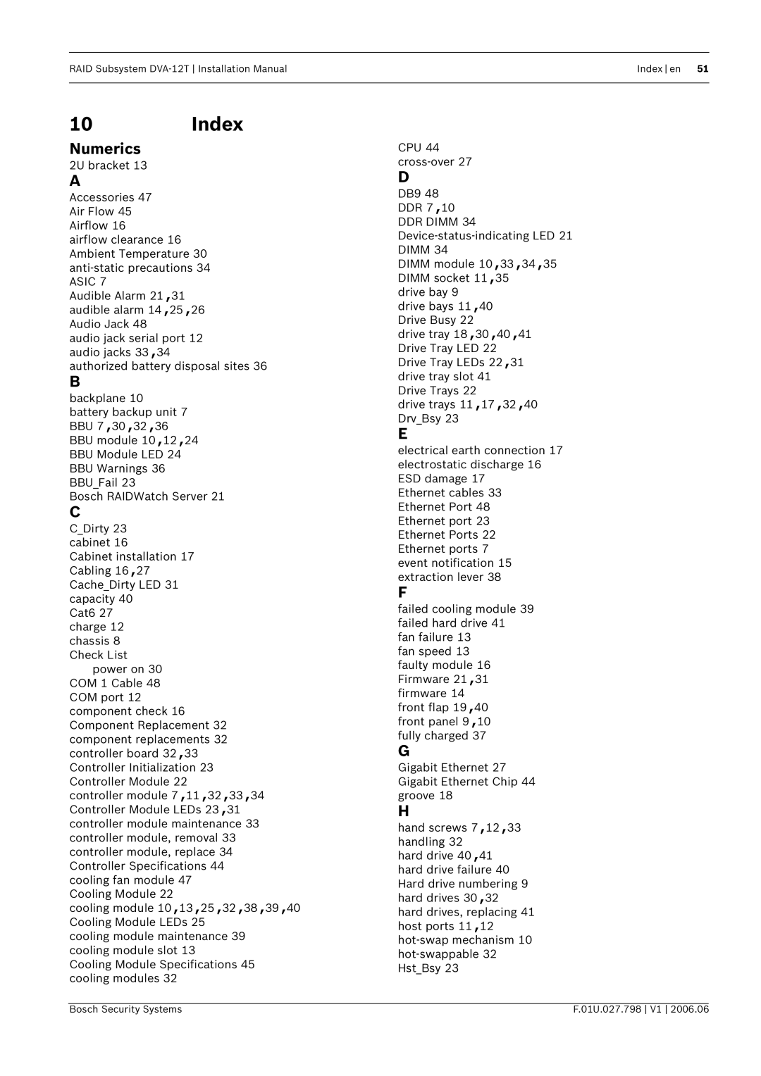 Bosch Appliances DVA-12T installation manual Index, Numerics 