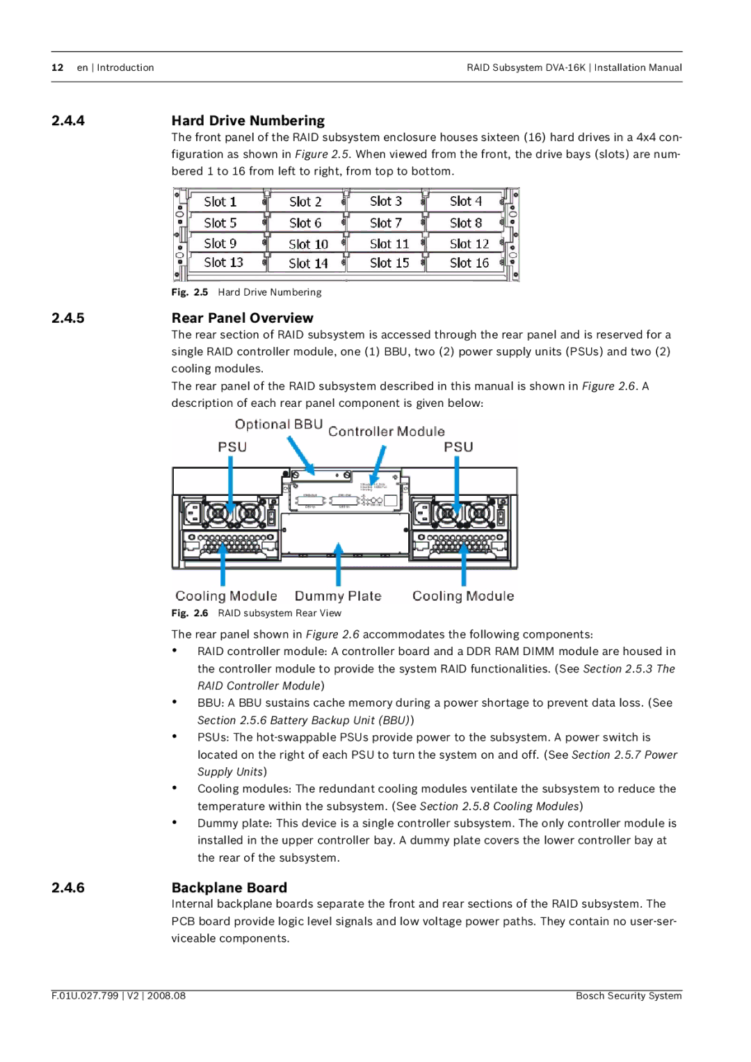 Bosch Appliances DVA-16K installation manual 4Hard Drive Numbering, Rear Panel Overview, 6Backplane Board 