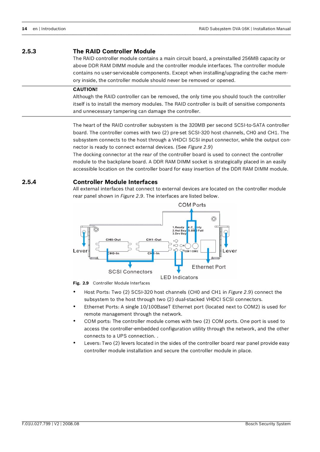 Bosch Appliances DVA-16K installation manual RAID Controller Module, Controller Module Interfaces 