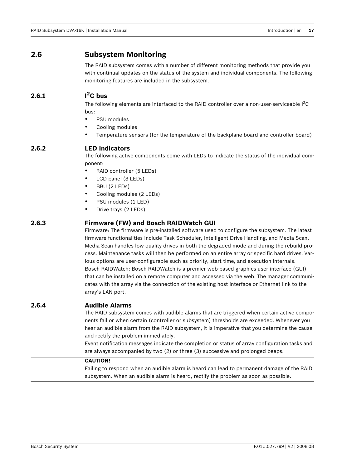 Bosch Appliances DVA-16K Subsystem Monitoring, I2C bus, LED Indicators, Firmware FW and Bosch RAIDWatch GUI 