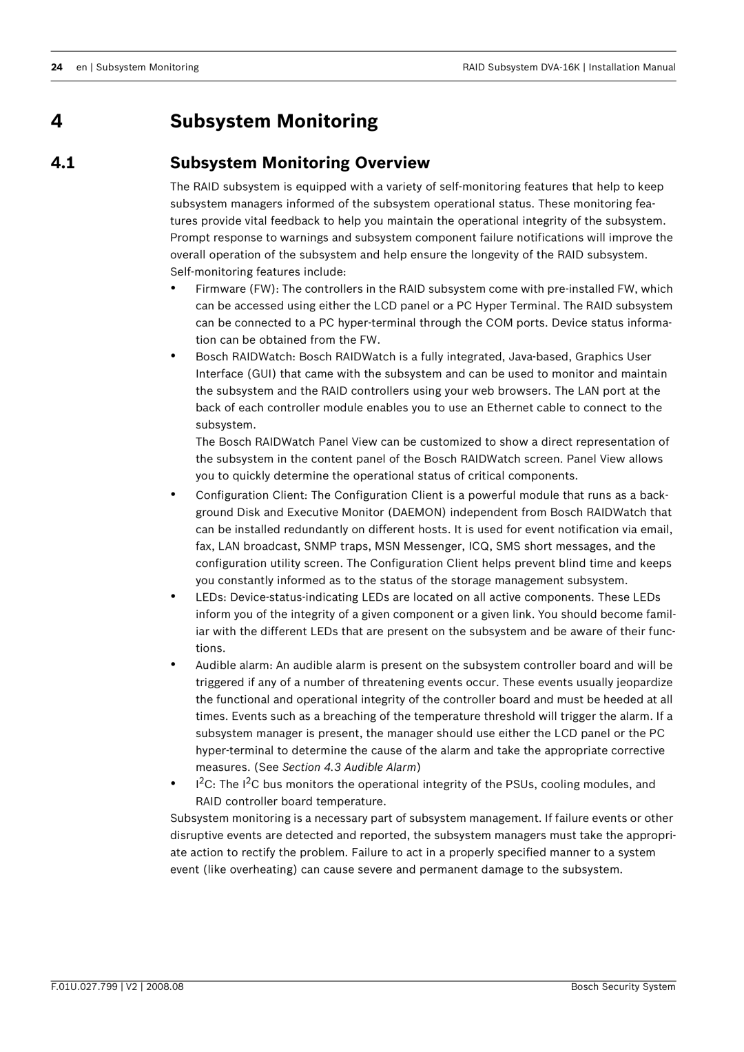 Bosch Appliances DVA-16K installation manual Subsystem Monitoring Overview 