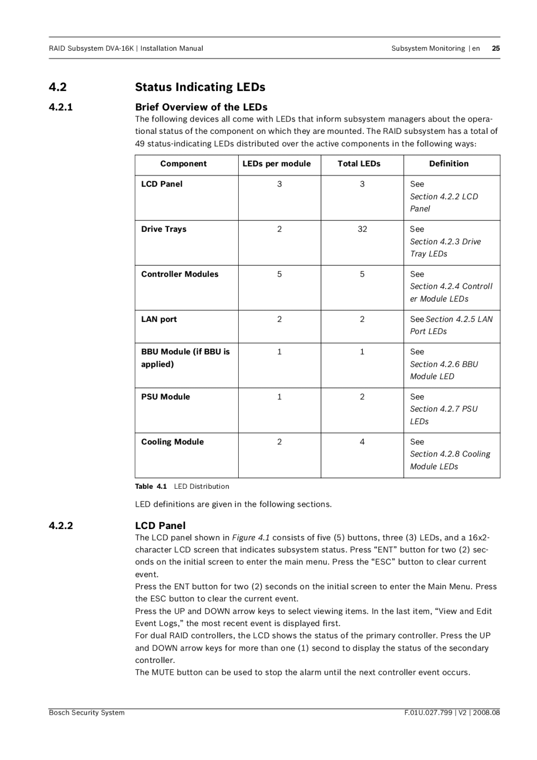 Bosch Appliances DVA-16K installation manual Status Indicating LEDs, Brief Overview of the LEDs 