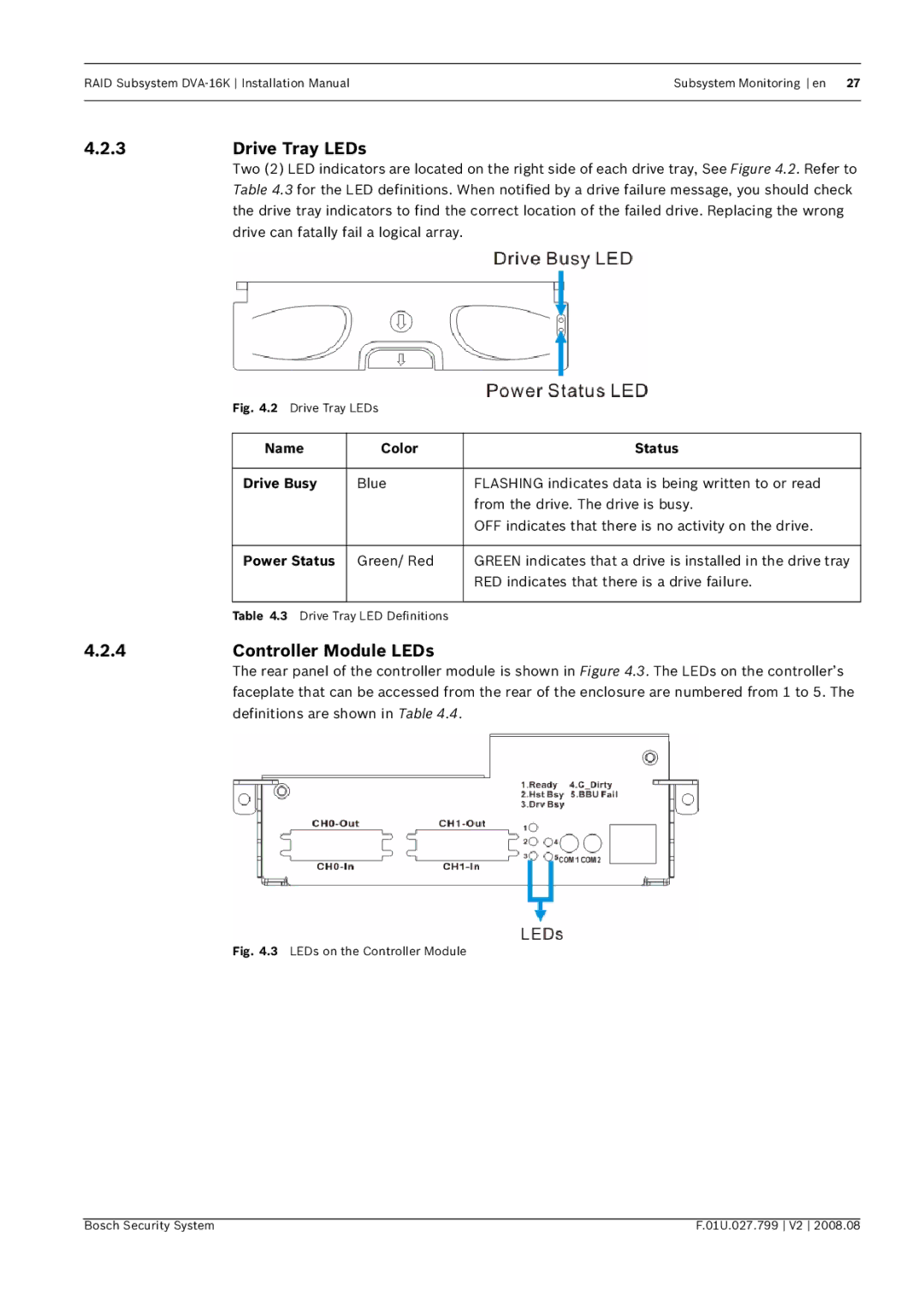 Bosch Appliances DVA-16K 3Drive Tray LEDs, Controller Module LEDs, Name Color Status Drive Busy, Power Status 