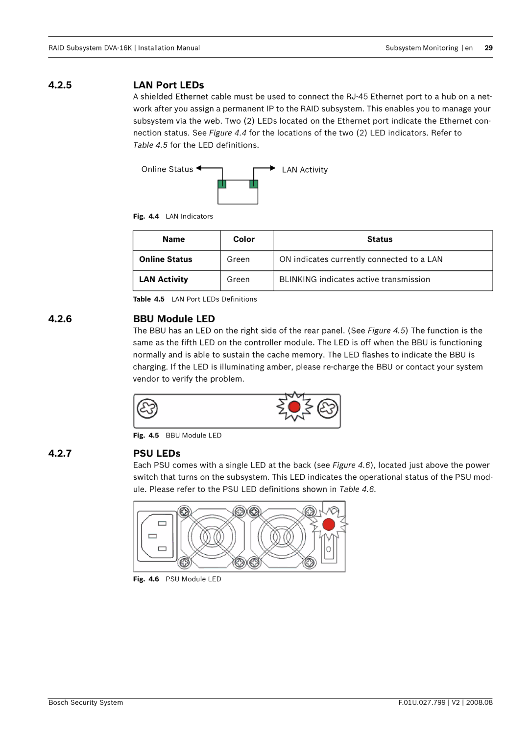 Bosch Appliances DVA-16K 5LAN Port LEDs, BBU Module LED, PSU LEDs, Name Color Status Online Status, LAN Activity 