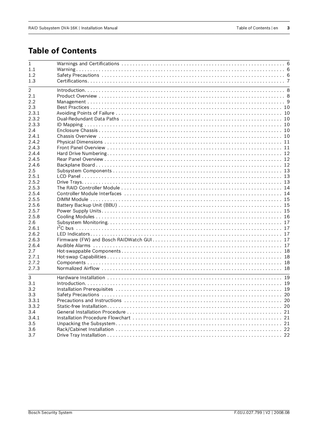 Bosch Appliances DVA-16K installation manual Table of Contents 