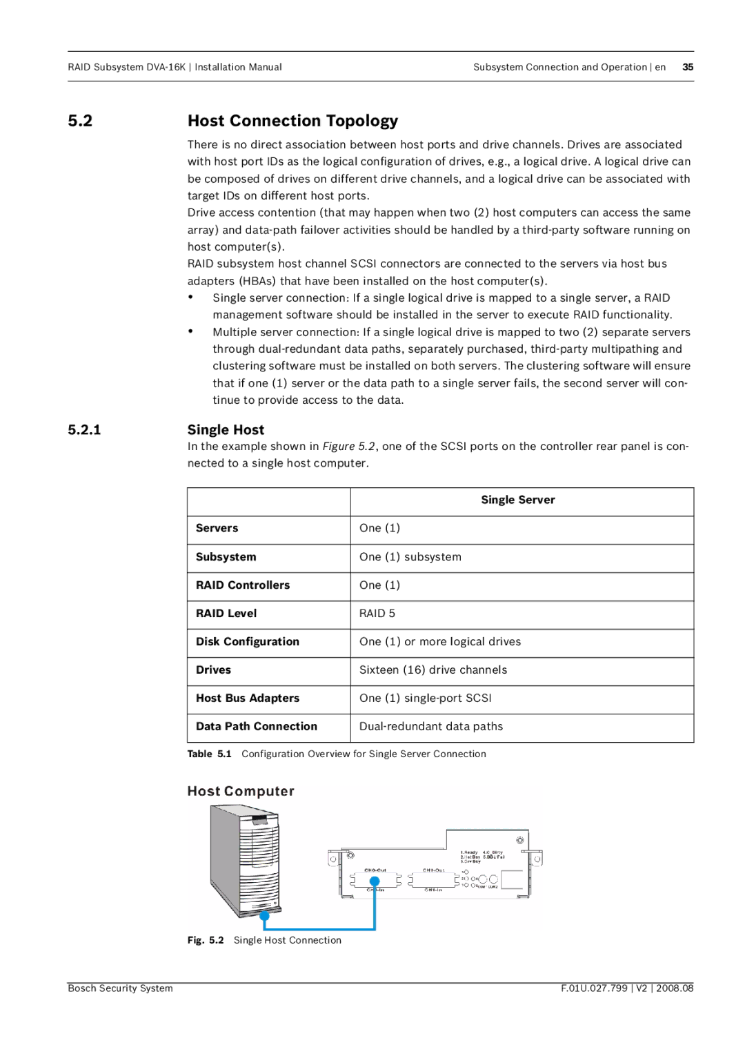 Bosch Appliances DVA-16K installation manual Host Connection Topology, Single Host 