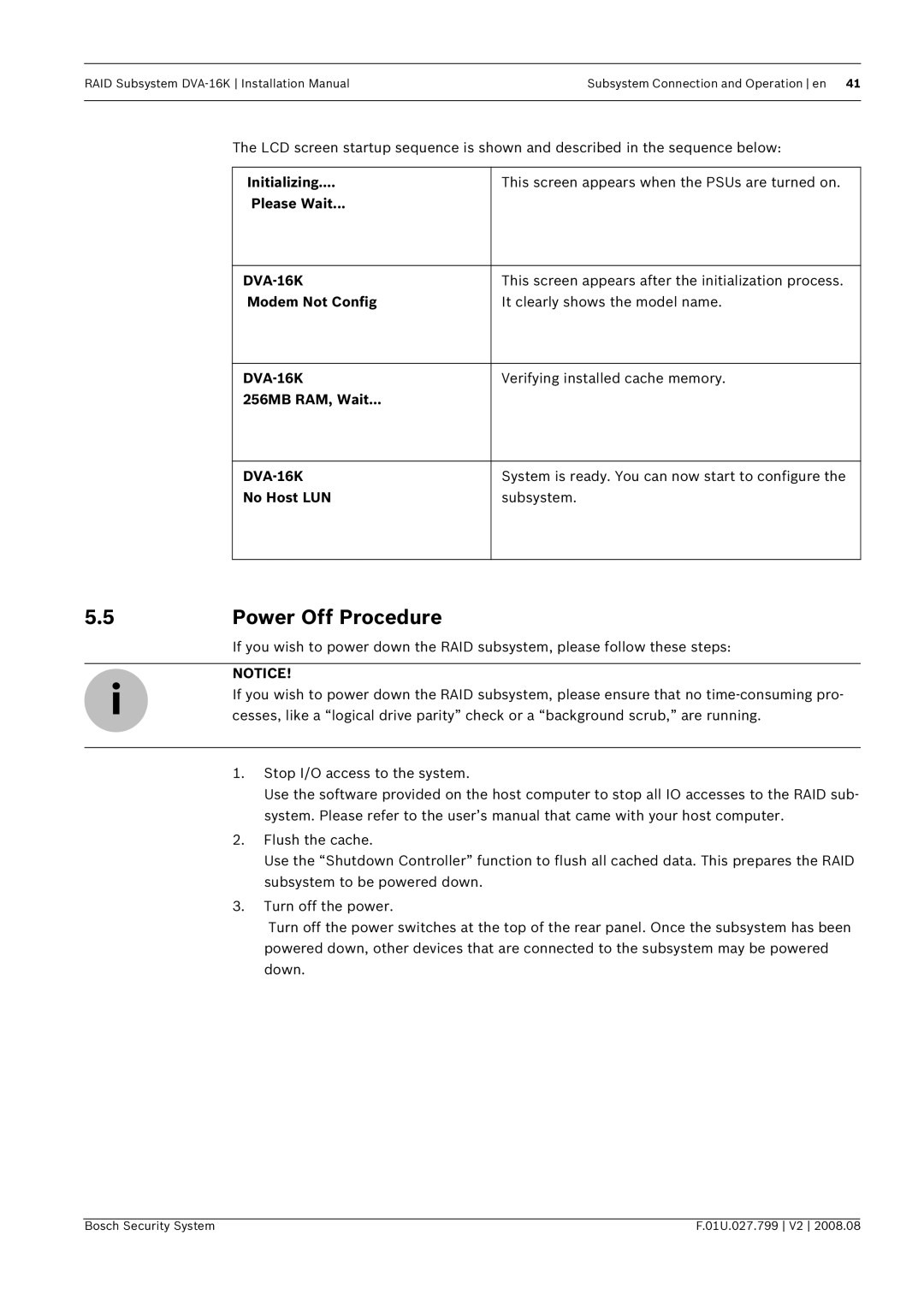 Bosch Appliances DVA-16K Power Off Procedure, Initializing… Please Wait, Modem Not Config, 256MB RAM, Wait…, No Host LUN 