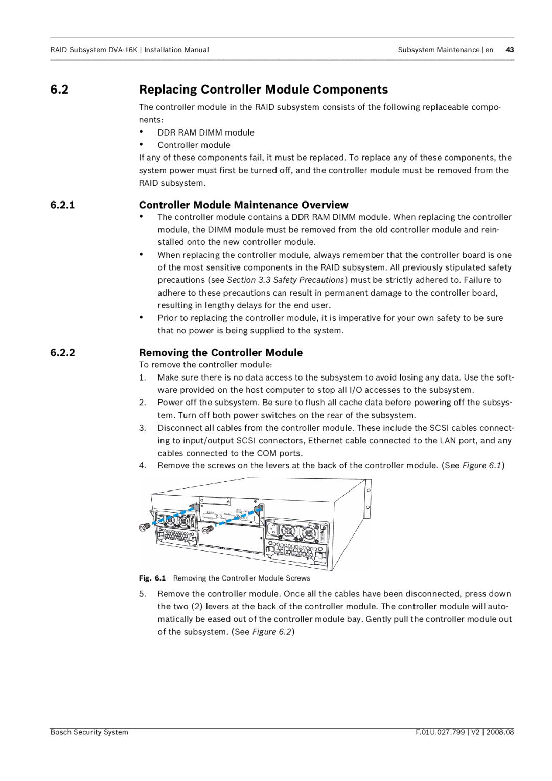 Bosch Appliances DVA-16K installation manual Replacing Controller Module Components, Controller Module Maintenance Overview 