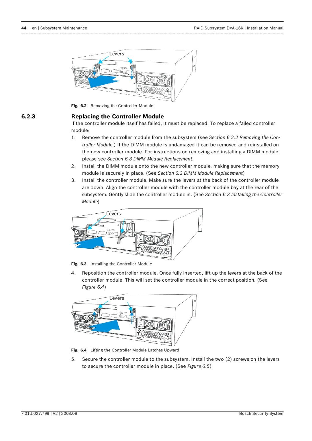 Bosch Appliances DVA-16K installation manual Levers, 3Replacing the Controller Module 