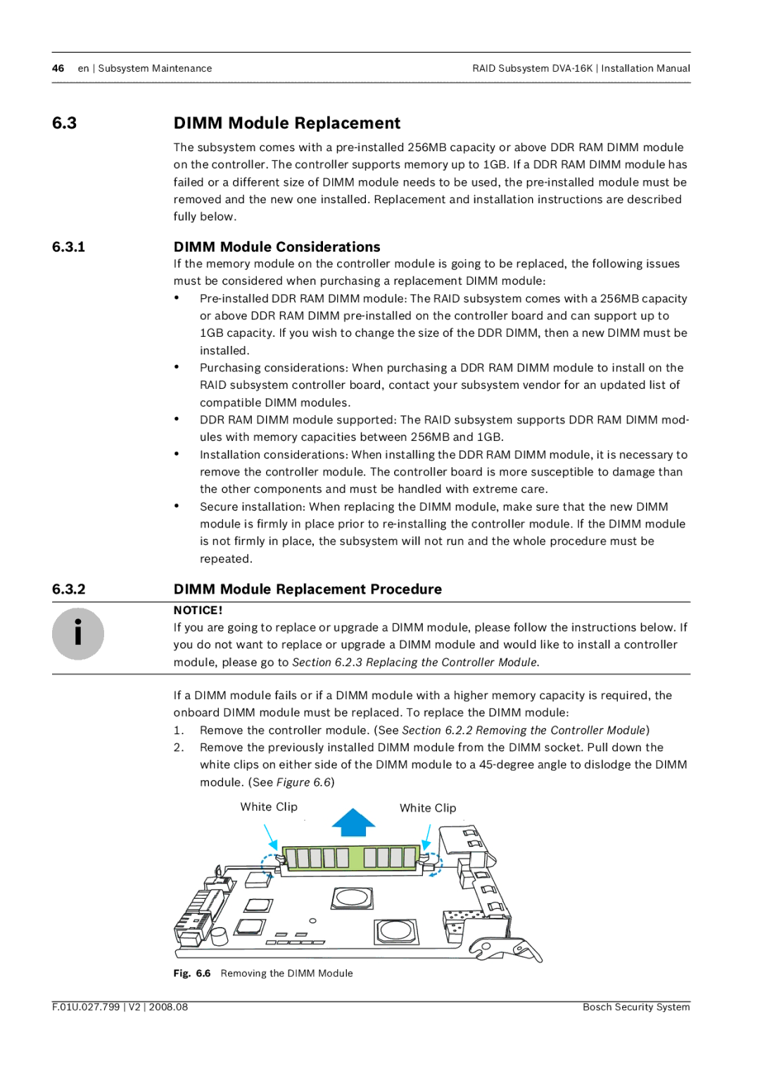 Bosch Appliances DVA-16K installation manual Dimm Module Considerations, Dimm Module Replacement Procedure 