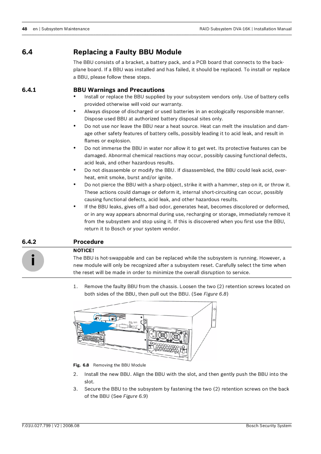 Bosch Appliances DVA-16K installation manual Replacing a Faulty BBU Module, BBU Warnings and Precautions, 2Procedure 