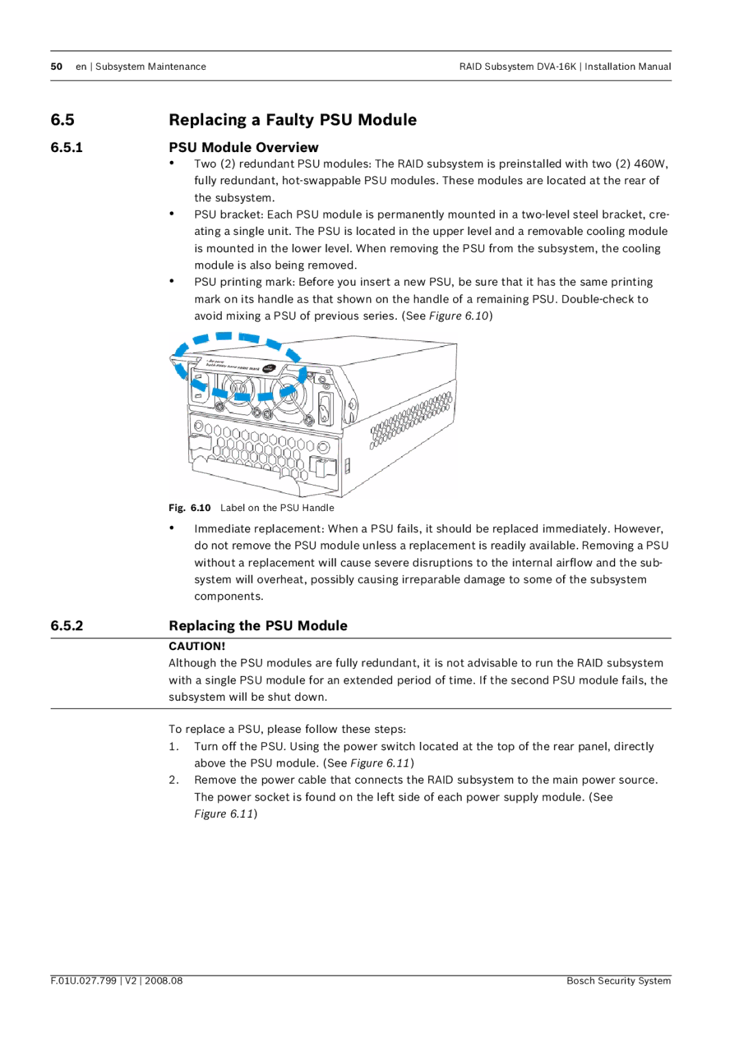 Bosch Appliances DVA-16K installation manual Replacing a Faulty PSU Module, PSU Module Overview, 2Replacing the PSU Module 