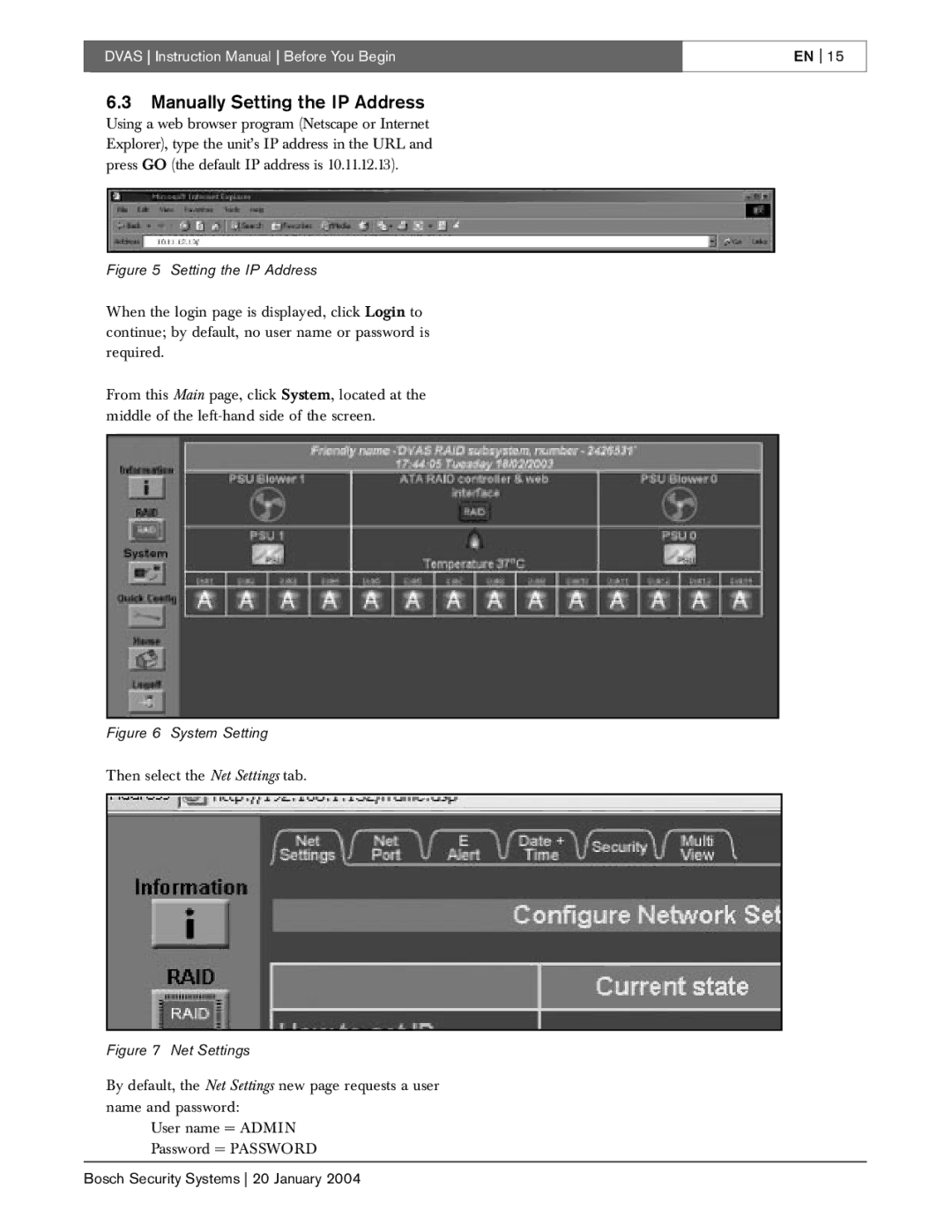 Bosch Appliances DVAS instruction manual Manually Setting the IP Address 