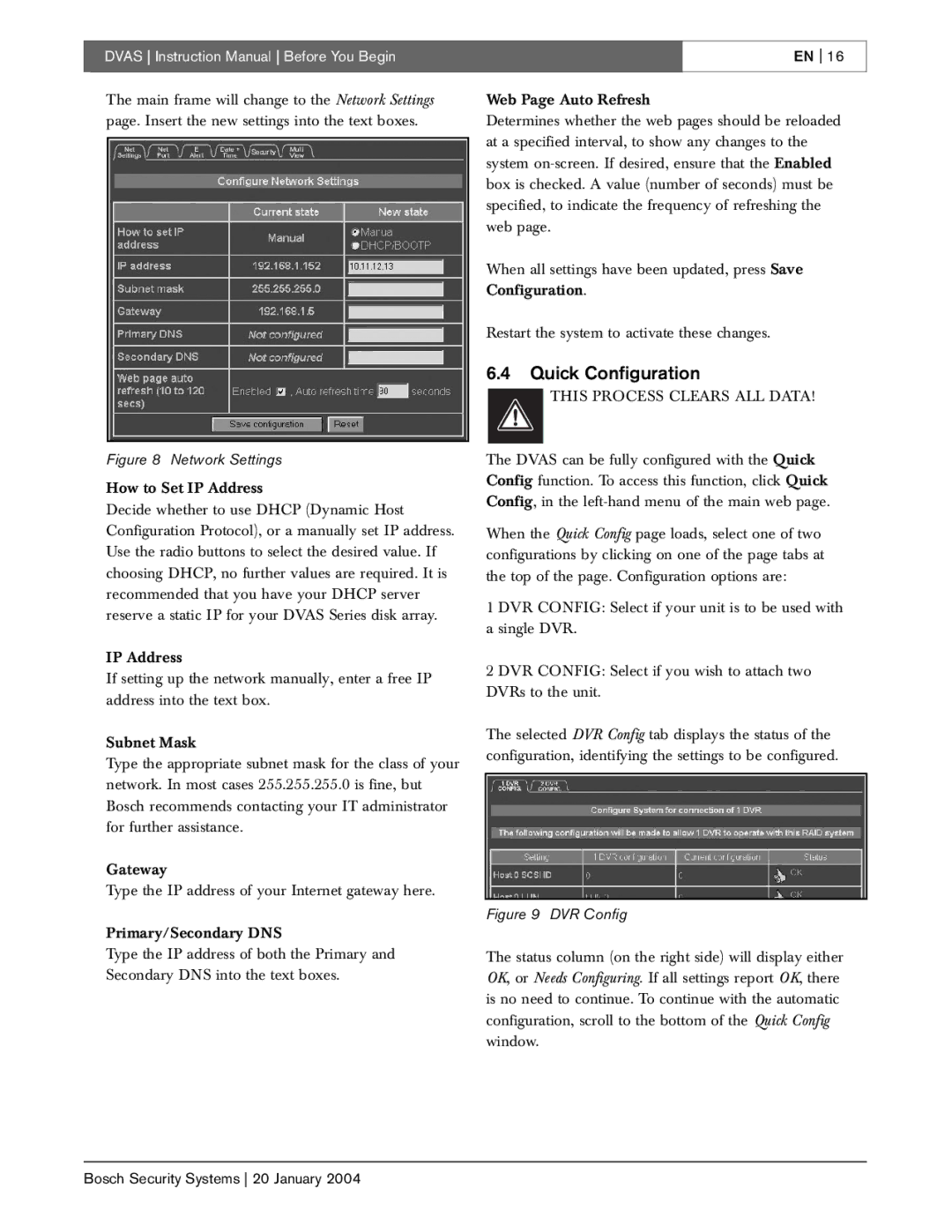 Bosch Appliances DVAS instruction manual Quick Configuration, This Process Clears ALL Data 