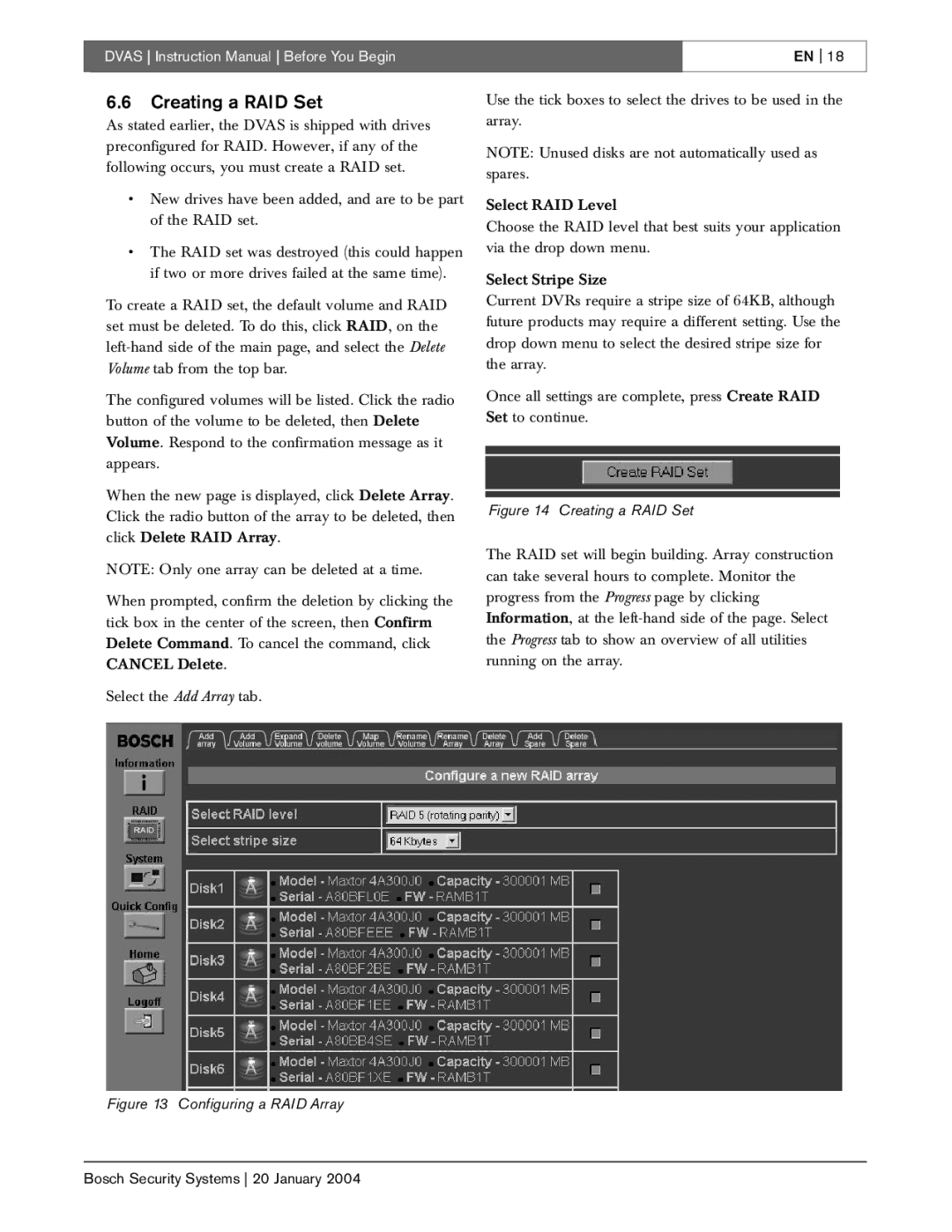 Bosch Appliances DVAS instruction manual Creating a RAID Set, Configuring a RAID Array 