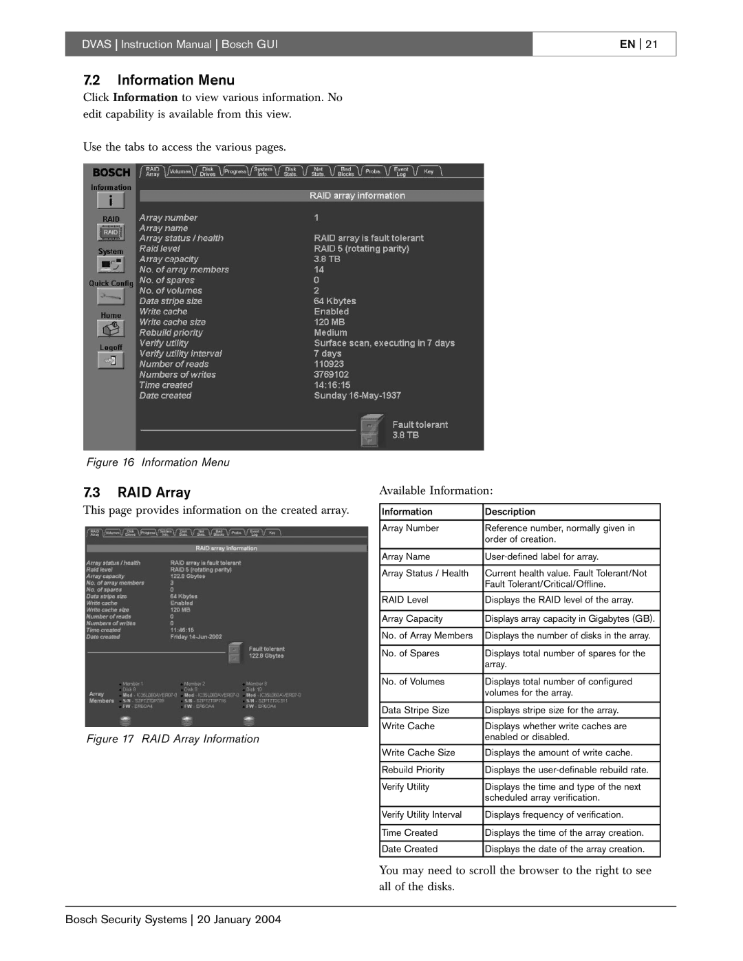 Bosch Appliances DVAS instruction manual Information Menu, RAID Array 