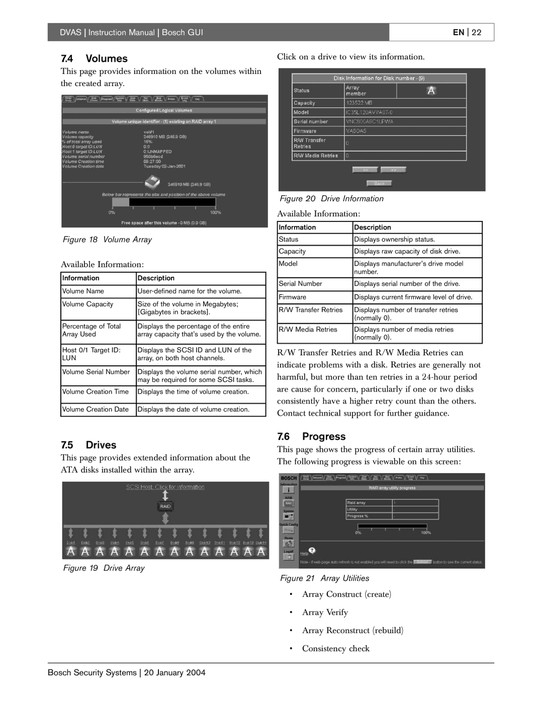 Bosch Appliances DVAS instruction manual Volumes, Drives, Progress 