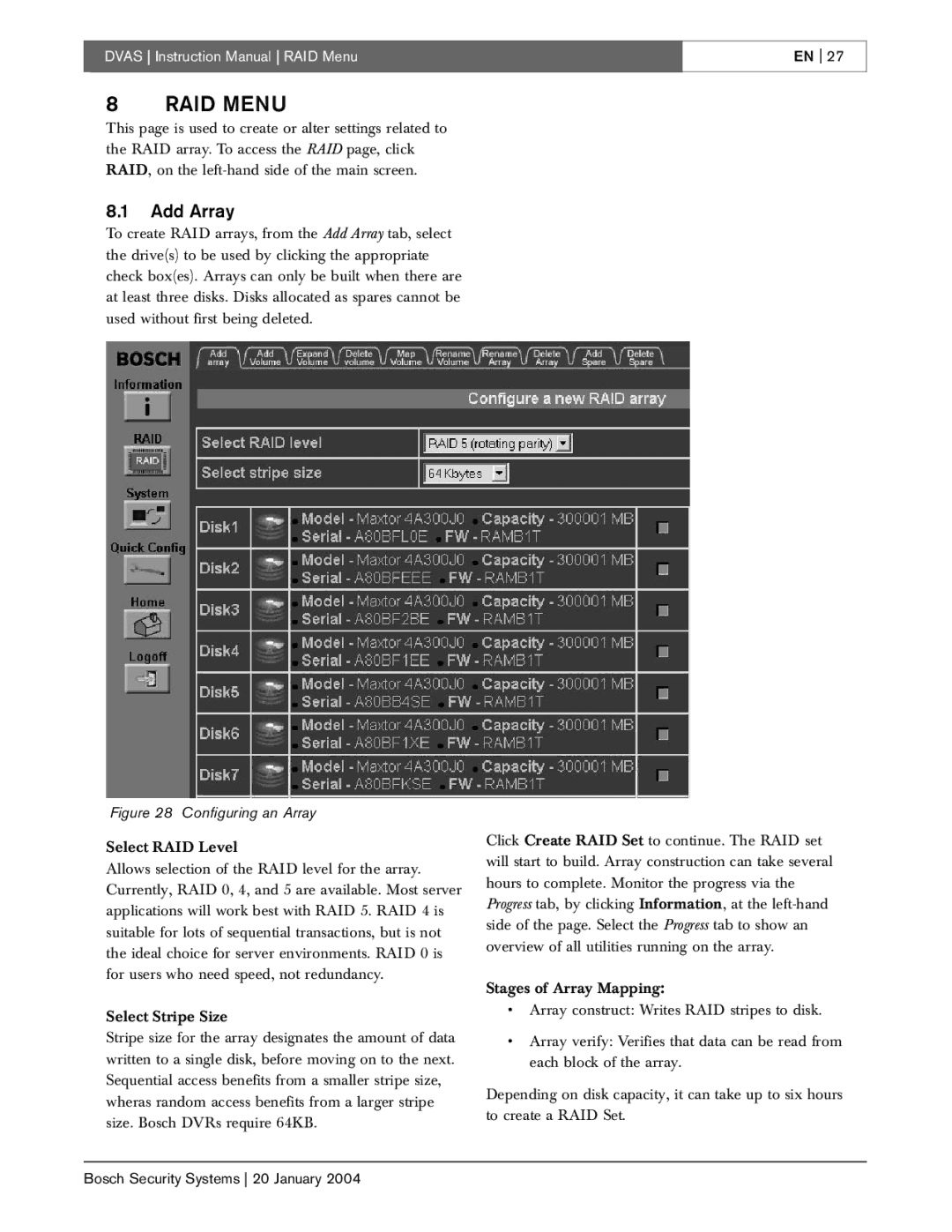 Bosch Appliances DVAS instruction manual RAID Menu, Add Array 