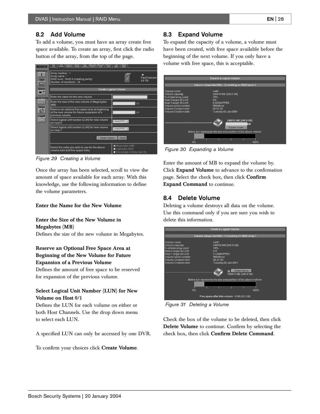 Bosch Appliances DVAS instruction manual Add Volume, Expand Volume, Delete Volume 