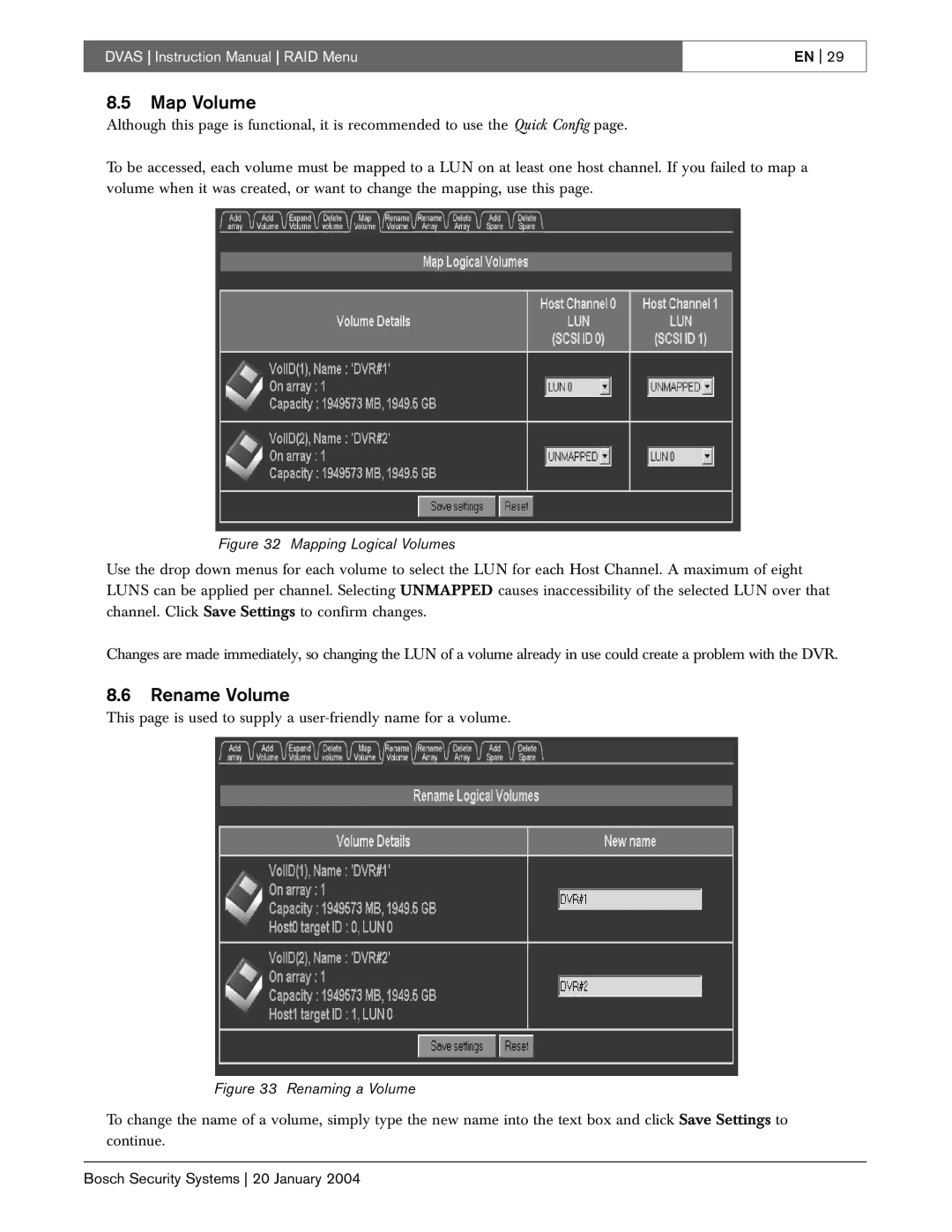 Bosch Appliances DVAS instruction manual Map Volume, Rename Volume 