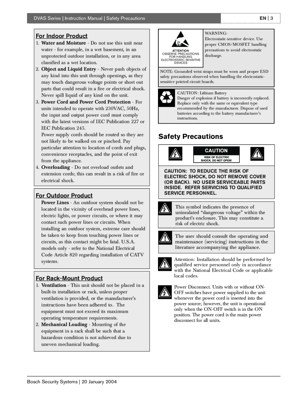 Bosch Appliances DVAS instruction manual For Indoor Product, For Outdoor Product, For Rack-Mount Product 