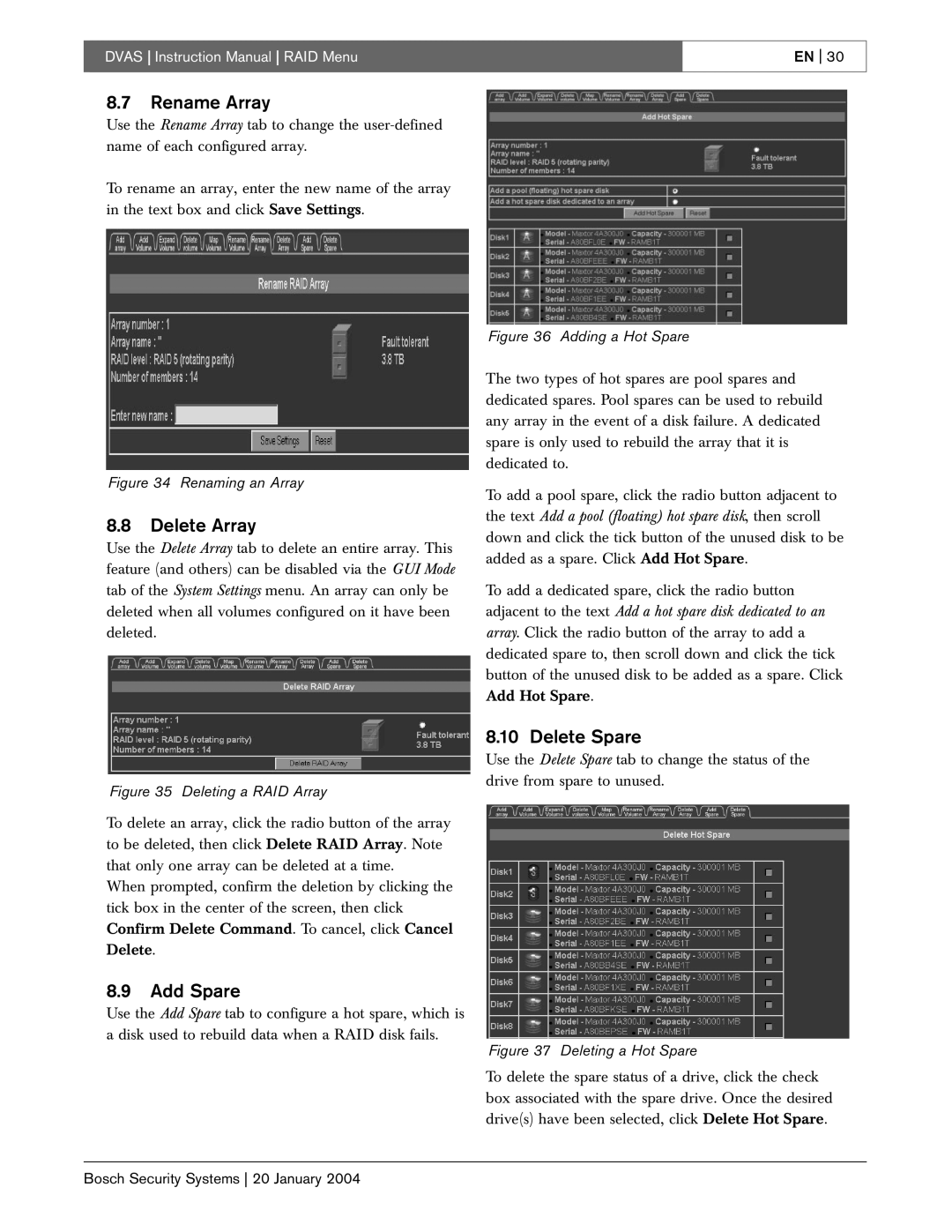 Bosch Appliances DVAS instruction manual Rename Array, Delete Array, Add Spare, Delete Spare 