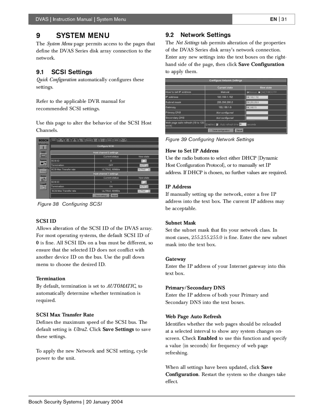 Bosch Appliances DVAS instruction manual System Menu, Scsi Settings, Network Settings 