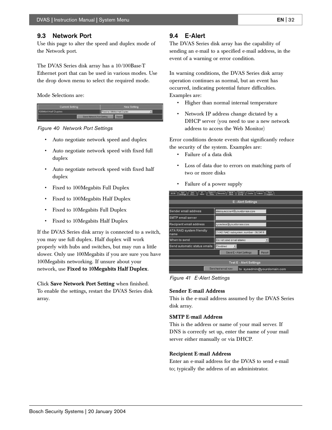 Bosch Appliances DVAS instruction manual Network Port, Alert 